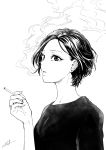  1girl blowing_smoke cigarette close-up commentary ear_piercing earrings eyelashes from_side greyscale highres holding holding_cigarette jewelry looking_at_viewer monochrome nail nikaidou_kou open_mouth original piercing ring short_hair simple_background smoking solo upper_body white_background 