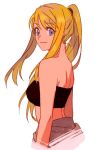  1girl arm arms_at_sides back bangs bare_arms bare_back bare_shoulders black_tubetop blonde_hair blue_eyes closed_mouth earrings fullmetal_alchemist jewelry long_hair looking_at_viewer looking_back midriff neck ponytail riru simple_background smile solo strapless tubetop white_background winry_rockbell 