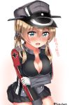  10s 1girl :d black_jacket black_skirt blonde_hair blue_eyes blush breasts cleavage gloves hair_between_eyes hat heart highres jacket kantai_collection large_breasts long_hair long_sleeves low_twintails military military_uniform open_mouth peaked_cap pleated_skirt prinz_eugen_(kantai_collection) rokosu_(isibasi403) skirt smile solo translation_request twintails twitter_username uniform white_gloves 