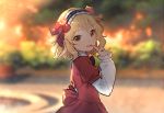  10s 1girl blonde_hair blush bow commentary_request finger_to_mouth flower green_eyes hair_bow hair_flower hair_ornament hairband idolmaster idolmaster_cinderella_girls long_sleeves looking_at_viewer open_mouth outdoors rose sakurai_momoka short_hair smile solo teiryoku_lolita 
