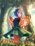  1girl aletto-mikan bangs bare_shoulders blue_hair blush breasts bright_background butterfly butterfly_wings day dress eternity_larva flower forest grass green_dress hair_ornament leaf leaf_hair_ornament nature open_mouth red_eyes running short_hair small_breasts smile solo sunlight touhou tree wings 