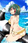  1girl :d ass bikini blush breasts butt_crack clouds comiket_88 dolphin frilled_bikini frills hairband idolmaster inflatable_orca inflatable_toy koari large_breasts looking_at_viewer looking_back mole mole_under_mouth ocean open_mouth otonashi_kotori red_eyes short_hair smile swimsuit yellow_bikini 