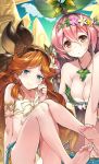  2girls armlet bandeau bare_legs barefoot bikini blue_eyes breasts brown_eyes cleavage closed_mouth eyebrows_visible_through_hair flower front-tie_bikini front-tie_top granblue_fantasy hair_between_eyes hair_flower hair_ornament hairband jewelry kneeling large_breasts leaning_forward long_hair multiple_girls necklace orange_hair pink_hair pointy_ears sara_(granblue_fantasy) sitting small_breasts smile soles super_zombie swimsuit toes yggdrasill_(granblue_fantasy) 