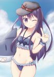  1girl akatsuki_(kantai_collection) anchor_symbol bangs bikini black_hat blue_bikini blue_sky breasts collarbone commentary_request cowboy_shot day flat_cap frilled_bikini frilled_cuffs frills groin hair_between_eyes halter_top halterneck hat index_finger_raised inflatable_shark inflatable_toy kantai_collection long_hair looking_at_viewer minakami_mimimi navel outdoors purple_hair red-framed_eyewear sky small_breasts solo standing stomach sunglasses swimsuit very_long_hair violet_eyes wrist_cuffs 