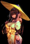  1girl absurdres adjusting_hair bare_shoulders breasts brown_hair curvy erect_nipples flower hair_ornament han-0v0 highres japanese_clothes large_breasts long_hair looking_at_viewer oriental_umbrella red_eyes smile solo standing umbrella xianjian_qixiazhuan_huanlijing 