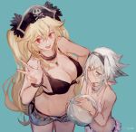  2girls anne_bonny_(fate/grand_order) ball bare_shoulders beachball bikini blonde_hair blue_eyes blush breasts cleavage denim denim_shorts fate/grand_order fate_(series) groin hairband hat highres jewelry kouzuki_kei large_breasts looking_at_viewer mary_read_(fate/grand_order) multiple_girls navel necklace pirate_hat red_eyes scar short_hair shorts silver_hair skirt small_breasts smile swimsuit twintails v 
