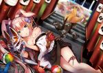  2girls animal_ears blonde_hair breasts cleavage fox_ears fox_girl fox_mask fox_tail green_eyes highres japanese_clothes kimono long_hair looking_at_viewer lying mask medium_breasts multiple_girls off_shoulder on_side open_mouth original pink_hair rabbit_ears shrine tail torii usagihime 