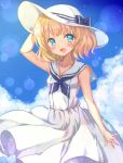  1girl :d adjusting_clothes adjusting_hat alternate_costume arm_up bangs bare_arms blonde_hair blue_eyes blue_neckerchief blue_sky blunt_bangs blush breasts clouds collarbone cowboy_shot day dress eyebrows_visible_through_hair gochuumon_wa_usagi_desu_ka? hat hat_ribbon highres kirima_sharo light_particles looking_at_viewer neckerchief open_mouth outdoors ribbon sailor_collar sakuraume short_hair sky sleeveless sleeveless_dress small_breasts smile solo standing striped striped_ribbon sun_hat sundress wavy_hair white_dress white_hat 