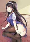  1girl ;) ass bangs black_hair black_legwear blush breasts closed_mouth commentary_request eyebrows_visible_through_hair hairband indoors kaetzchen kasumigaoka_utaha long_hair looking_at_viewer medium_breasts no_shoes on_floor one_eye_closed pantyhose pantyhose_pull pulled_by_self red_eyes revision saenai_heroine_no_sodatekata school_uniform smile solo sweater_vest tile_floor tiles very_long_hair white_hairband 