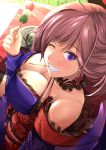  1girl bare_shoulders blush breasts brown_hair cleavage cross cross_earrings earrings eyebrows_visible_through_hair fate/grand_order fate_(series) food highres jewelry kanzaki_kureha large_breasts looking_at_viewer miyamoto_musashi_(fate/grand_order) one_eye_closed parted_lips short_hair smile solo takoyaki teeth violet_eyes 