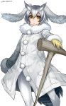  :&lt; blush cane coat eyebrows_visible_through_hair fur_collar gloves grey_hair happa_(cloverppd) head_wings highres kemono_friends long_sleeves looking_at_viewer multicolored_hair multiple_girls northern_white-faced_owl_(kemono_friends) short_hair standing white_hair wings 