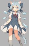  1girl animal_ears blue_dress blue_eyes blue_hair cat_ears cat_tail cirno dress fang gloves grey_background grey_legwear highres ice ice_wings kemonomimi_mode looking_at_viewer open_mouth puffy_short_sleeves puffy_sleeves red_ribbon ribbon shone short_dress short_sleeves simple_background smile solo standing tail touhou white_gloves wings 