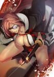  1girl absurdres baiken breasts cape cleavage guilty_gear highres japanese_clothes katana kimono large_breasts long_hair open_clothes open_kimono parted_lips pink_eyes pink_hair ponytail sandals sash scar scar_across_eye sheath sheathed smile solo sword tassel tattoo weapon yamacchi 