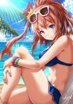  1girl anklet artist_name beach_chair bikini bikini_skirt blue_bikini blue_eyes blush bracelet breasts fingernails flower hair_between_eyes hair_flower hair_ornament hands_on_own_leg jewelry kantai_collection large_breasts long_hair looking_at_viewer nail_polish ocean one_leg_raised ponytail red_nails sakiyamama saratoga_(kantai_collection) side_ponytail sitting sky solo sun sunglasses swimsuit 