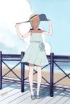  aqua_hair bare_arms beach blue_sky blush clouds day dress eureka eureka_seven eureka_seven_(series) feet fence full_body hair_ornament hairclip hands_on_headwear hat highres ocean outdoors short_hair sky sleeveless sleeveless_dress slippers smile sun_hat sundress violet_eyes 