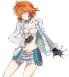  1girl breasts detached_collar fingerless_gloves gloves hayuki106 ibis_douglas jacket midriff navel red_eyes redhead short_hair shorts simple_background small_breasts solo super_robot_wars white_background 