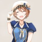  1girl adjusting_clothes adjusting_hat bangs beret blue_shirt braid buttons closed_eyes commentary_request earrings gloves hat idolmaster idolmaster_million_live! jewelry light_brown_hair musical_note necklace necktie open_mouth pins puffy_short_sleeves puffy_sleeves ribbon sakuramori_kaori shirt short_sleeves side_braid simple_background smile solo swept_bangs upper_body white_gloves white_hat 