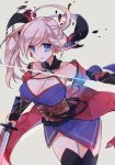  1girl :q bare_shoulders black_legwear blue_eyes breasts cleavage dual_wielding earrings fate/grand_order fate_(series) highres holding holding_sword holding_weapon japanese_clothes jewelry katana kimono large_breasts lavender_hair long_hair looking_at_viewer miyamoto_musashi_(fate/grand_order) mom_29_mom sash smile solo sword thigh-highs tongue tongue_out weapon 