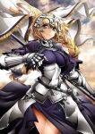  &gt;:( 1girl arikanrobo armor armored_dress bangs black_bow blonde_hair bow braid breasts chains closed_mouth cowboy_shot fate/apocrypha fate_(series) faulds flag gauntlets hair_bow headpiece highres long_hair looking_at_viewer medium_breasts ruler_(fate/apocrypha) single_braid solo violet_eyes 