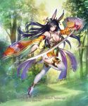  1girl animal_ears armpits bare_shoulders black_hair breasts cleavage closed_mouth detached_sleeves divine_grimoire floral_print forest full_body hair_ornament high_heels holding holding_sword holding_weapon japanese_clothes katana large_breasts long_hair long_sleeves looking_at_viewer momose_hisashi nature obi official_art orange_eyes rabbit_ears sash smile solo sunlight sword thigh-highs weapon white_legwear wide_sleeves 