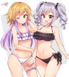  10s 2girls arm_up bikini blonde_hair blush breasts commentary_request cowboy_shot drill_hair frilled_bikini frills grey_hair idolmaster idolmaster_cinderella_girls kanzaki_ranko large_breasts long_hair looking_at_viewer mio_(mgr300) multicolored_hair multiple_girls navel ninomiya_asuka one_eye_closed purple_hair red_eyes simple_background smile swimsuit twin_drills two-tone_hair yellow_eyes 