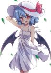  1girl beni_kurage blush bow dress eyebrows_visible_through_hair hat hat_bow hat_ribbon highres lavender_hair looking_at_viewer parted_lips red_bow red_eyes red_ribbon remilia_scarlet ribbon short_hair smile solo touhou white_dress wings 
