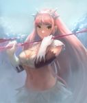  1girl bandeau bangs blunt_bangs bra breasts cleavage closed_mouth commentary_request fate/grand_order fate_(series) frills gloves groin hands_up holding layered_skirt long_hair looking_at_viewer medb_(fate/grand_order) medium_breasts midriff miniskirt navel otsukemono pink_hair riding_crop sidelocks skirt smile solo stomach tiara underwear upper_body very_long_hair white_bra white_gloves white_skirt yellow_eyes 