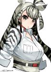  1girl belt black_hair blush chapman&#039;s_zebra_(kemono_friends) collared_shirt grey_eyes grey_hair happa_(cloverppd) kemono_friends long_hair looking_at_viewer multicolored_hair partially_unbuttoned shirt sleeves_rolled_up solo striped_clothes two-tone_hair white_background zebra_ears 