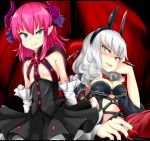  2girls asymmetrical_horns blue_eyes breasts carmilla_(fate/grand_order) cleavage corset dragon_girl fate/extra fate/extra_ccc fate/grand_order fate_(series) fingernails horns lancer_(fate/extra_ccc) large_breasts long_fingernails long_hair looking_at_viewer looking_down multiple_girls pink_hair plaid plaid_skirt pointy_ears silver_hair skirt smile solo yarareimu yellow_eyes 