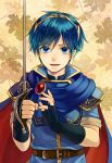  1boy belt black_gloves blue_cape blue_eyes blue_hair blue_shirt cape eyebrows_visible_through_hair fingerless_gloves fire_emblem fire_emblem:_mystery_of_the_emblem gloves highres holding holding_sword holding_weapon kiyuu looking_at_viewer marth parted_lips shirt smile solo standing sword upper_body weapon yellow_hairband 
