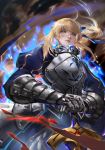  1girl ahoge armor blue_bow bow breastplate fate/stay_night fate_(series) from_below gauntlets gorget green_eyes hair_bow hands_on_hilt highres kang_kang_zi lips long_hair puffy_sleeves saber solo sword weapon wind 