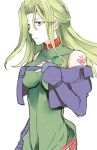  1girl bare_shoulders breasts collar collarbone dress fingerless_gloves gloves green_eyes green_hair hayuki106 jacket lamia_loveless large_breasts long_hair simple_background solo super_robot_wars tattoo white_background 