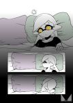  +_+ 1girl bed bed_sheet brown_eyes chichi_band closed_eyes closed_mouth comic domino_mask hair_down hotaru_(splatoon) light_frown lying mask mole mole_under_eye on_back pillow pointy_ears shirt silent_comic solo splatoon spot_color t-shirt tentacle_hair watermark 