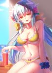  1girl blush breasts cleavage cup drinking_straw eyebrows_visible_through_hair fate/grand_order fate_(series) flower green_hair hair_flower hair_ornament holding holding_cup horns kiyohime_(fate/grand_order) large_breasts long_hair looking_at_viewer navel parted_lips sitting smile solo twintails yellow_eyes zha_yu_bu_dong_hua 