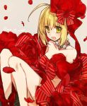  1girl :d ahoge bare_shoulders blonde_hair breasts collarbone dress fate/extra fate_(series) green_eyes headwear jewelry looking_at_viewer medium_breasts mom_29_mom necklace open_mouth petals saber_extra sitting smile solo 