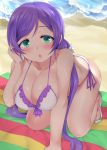  1girl arm_support beach bikini breasts cleavage collarbone commentary_request day frilled_bikini frills green_eyes highres kneeling large_breasts long_hair looking_at_viewer love_live! love_live!_school_idol_project low_twintails ocean open_mouth outdoors purple_hair sand sandals shiny shiny_hair shiny_skin skindentation solo swimsuit toujou_nozomi towel twintails water yomomirin 