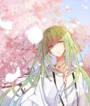  androgynous enkidu_(fate/strange_fake) fate/strange_fake fate_(series) green_eyes green_hair highres long_hair looking_at_viewer mom_29_mom petals solo 