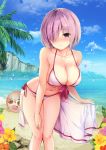  1girl ball bare_arms bare_shoulders beach beachball bikini blush breasts character_request cleavage clouds cloudy_sky fate/grand_order fate_(series) flower front-tie_top hair_over_one_eye halter_top halterneck hand_on_own_thigh holding_towel knees_together_feet_apart large_breasts leaning_forward mafuyu navel nose_blush objectification ocean outdoors palm_tree purple_hair shielder_(fate/grand_order) short_hair side-tie_bikini sky solo standing swimsuit tree violet_eyes water_drop white_bikini 