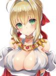  1girl ahoge bangs bare_shoulders blonde_hair blush braid breast_hold breasts cleavage closed_mouth collarbone commentary_request detached_sleeves eyebrows_visible_through_hair fate/extra fate/extra_ccc fate_(series) french_braid green_eyes hair_intakes hair_ribbon jewelry large_breasts looking_at_viewer red_ribbon ribbon saber_extra short_hair simple_background solo upper_body white_background yuzu-aki 