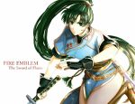  1girl breasts delsaber dress fingerless_gloves fire_emblem fire_emblem:_rekka_no_ken fire_emblem_heroes gloves green_eyes green_hair high_ponytail jewelry long_hair looking_at_viewer lyndis_(fire_emblem) ponytail solo sword very_long_hair weapon 