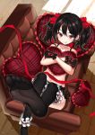 1girl :q absurdres black_gloves black_hair black_legwear gloves heart heart_pillow highres kikimi love_live! love_live!_school_idol_project lying on_back pillow smile solo thigh-highs tongue tongue_out twintails violet_eyes yazawa_nico 