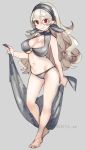  1girl bikini black_bikini blush breasts cleavage collarbone female_my_unit_(fire_emblem_if) fire_emblem fire_emblem_if full_body hairband large_breasts long_hair looking_at_viewer my_unit_(fire_emblem_if) navel negiwo pointy_ears red_eyes smile solo standing swimsuit 