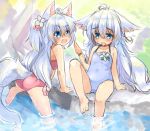  2girls :d animal_ears ass bare_shoulders barefoot bikini blue_eyes blue_hair blue_swimsuit blush child commentary day eyebrows_visible_through_hair fang flower fox_ears fox_tail hair_flower hair_ornament long_hair multiple_girls one-piece_swimsuit open_mouth original outdoors pink_bikini sitting smile soaking_feet sweat swimsuit tail toba_hiyoko tongue tongue_out two_side_up water 