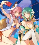  2girls ;d \m/ ^_^ ^o^ animal_ears aqua_hair ass bikini blue_bikini breasts cellphone cleavage closed_eyes fate/grand_order fate_(series) fox_ears highres horns kiyohime_(fate/grand_order) kiyohime_(swimsuit_lancer)_(fate) long_hair mom_29_mom multiple_girls navel one_eye_closed open_mouth parasol phone pink_hair sitting smartphone smile swimsuit tamamo_(fate)_(all) tamamo_no_mae_(swimsuit_lancer)_(fate) thigh-highs umbrella white_legwear yellow_bikini yellow_eyes 