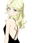  1girl back bare_back bare_shoulders black_dress blue_eyes blush braid diana_cavendish dress eyebrows_visible_through_hair french_braid from_side green_hair little_witch_academia long_hair looking_at_viewer open-back_dress seren_lwa simple_background smile solo upper_body white_background 