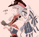  ... 2girls ainu_clothes belt blue_eyes blue_hair blush breasts brown_gloves closed_eyes cuffs dress gangut_(kantai_collection) gloves grey_hair hair_between_eyes hair_ornament hairclip handcuffs headband itomugi-kun jacket jacket_on_shoulders kamoi_(kantai_collection) kantai_collection large_breasts long_hair looking_at_another medium_breasts military military_uniform multicolored_hair multiple_girls naval_uniform ponytail red_shirt remodel_(kantai_collection) scar scar_on_cheek shirt silver_hair simple_background spoken_ellipsis uniform wavy_mouth white_hair yuri 