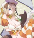  1girl bare_shoulders beret blonde_hair blue_eyes breasts cleavage fate/apocrypha fate_(series) flag gloves hat large_breasts long_hair looking_at_viewer mom_29_mom one_eye_closed ruler_(fate/apocrypha) sitting solo striped striped_legwear white_gloves 