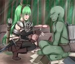  1boy 1girl armor baretto_(karasi07) basket book bow_(weapon) elf fingerless_gloves flower food forest gloves green_hair highres long_hair meat monster nature orc original pantyhose paper pointy_ears quiver scar skirt squatting sword tears weapon 