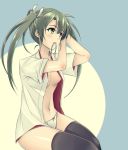  1girl adjusting_hair bangs black_legwear blush breasts chromatic_aberration collarbone green_eyes green_hair hair_ribbon kantai_collection long_hair looking_to_the_side mouth_hold navel open_clothes open_shirt panties ribbon shiny shiny_skin shirt sidelocks sitting small_breasts solo stomach thigh-highs thighs twintails two-tone_background underwear white_panties white_ribbon white_shirt yeongming zuikaku_(kantai_collection) 