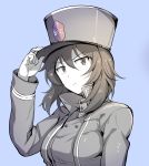  1girl blue_background closed_mouth girls_und_panzer greyscale hat hat_tip highres ikomochi jacket long_hair monochrome open_clothes open_jacket shako_cap simple_background upper_body 